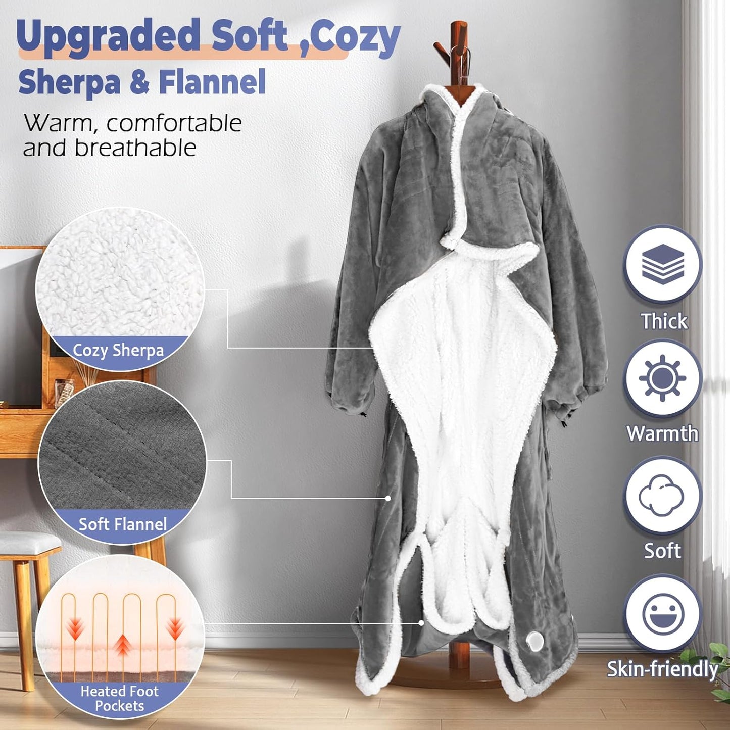 SnugWear™ Heated Wearable Blanket with Sleeves & Foot Pocket