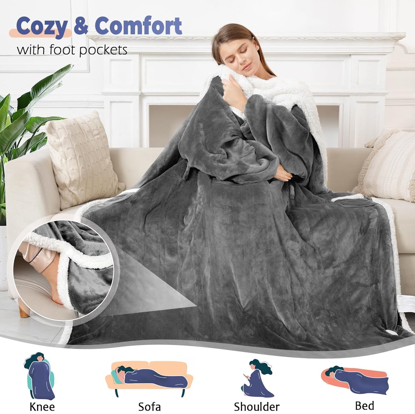 SnugWear™ Heated Wearable Blanket with Sleeves & Foot Pocket